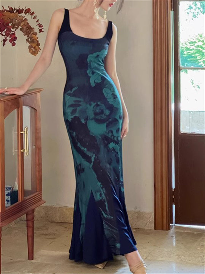 Women's Slim Elastic Square Neck Sleeveless Backless Maxi Dress