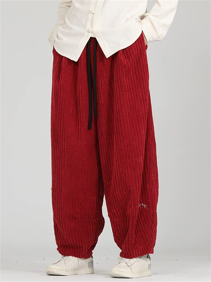 Men's Autumn Chinese Style Embroidered Corduroy Drawstring Wide Leg Pants