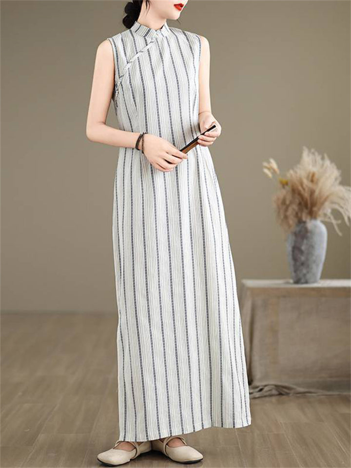 Lady Oriental Style Vintage Sleeveless Striped Cheongsam Dresses