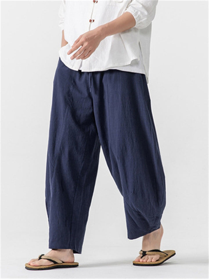 Men's Simple Chinese Style Solid Color Cotton Wide Leg Straight Pants