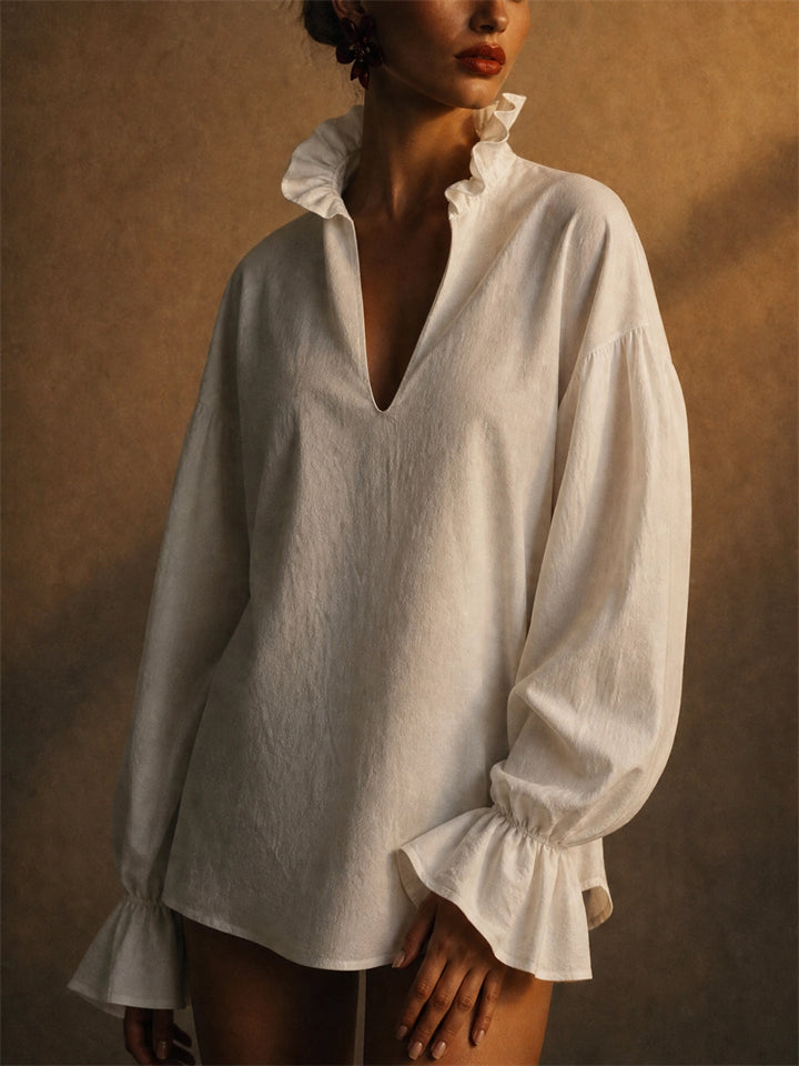 Women White V Neck Ruffle Collar Lantern Sleeve Loose Blouse