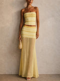 Women Striped Tube Top Sheer Mesh Patchwork Maxi Skirt Set