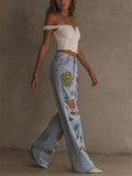 Women's Boho Sun Flower Graphic Printed Ripped Wide Leg Jeans