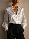 Women Satin Blouse Sheer Striped Mesh Sleeve Top
