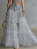 Womens High Waisted Button Front Denim Patchwork Tiered Maxi Skirt