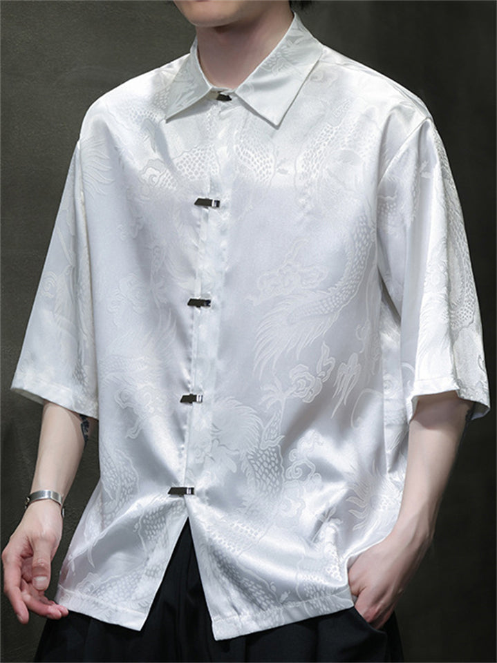 Chinese Style Loong Print Lapel Short Sleeve Shirts for Men