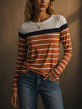 Women Color Block Striped Long Sleeve Crew Neck T Shirts