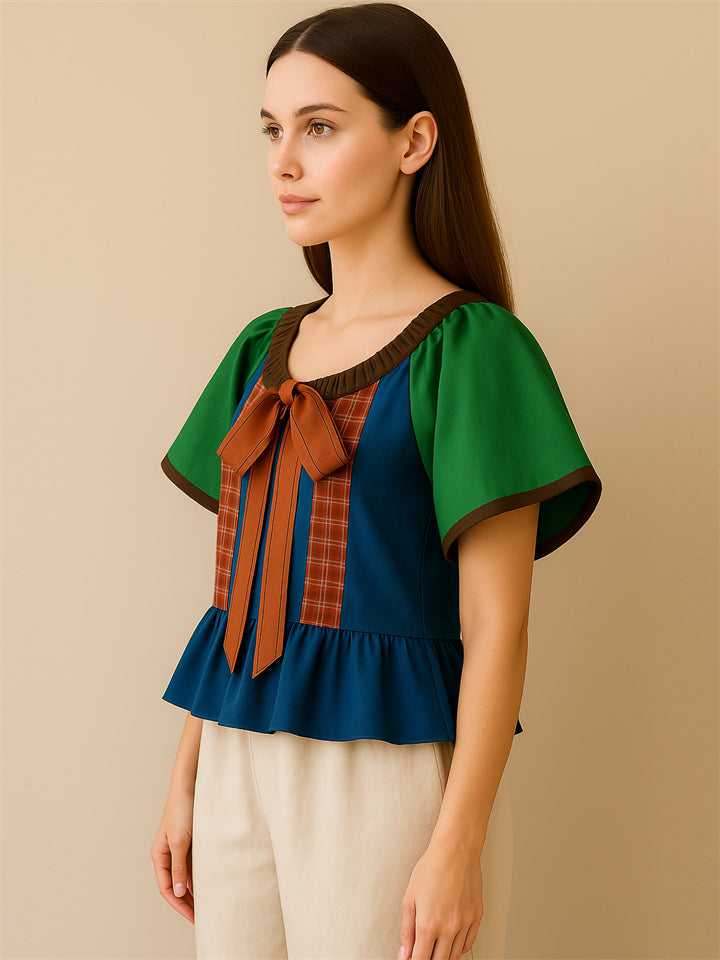 Contrast Color Plaid Patchwork Tie-Neck Lantern Sleeve Shirts