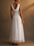 Women Cowl Neck Tulle Sleeveless Midi Gown Dress