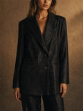 Women Black Crinkle Textured Double Breasted Blazer Jacket