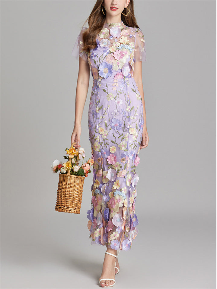 Elegant 3D Floral Embroidery Women's Sabrina Neckline Maxi Dress