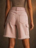 Women Pink High Waisted Frayed Hem Belt Denim Cargo Shorts