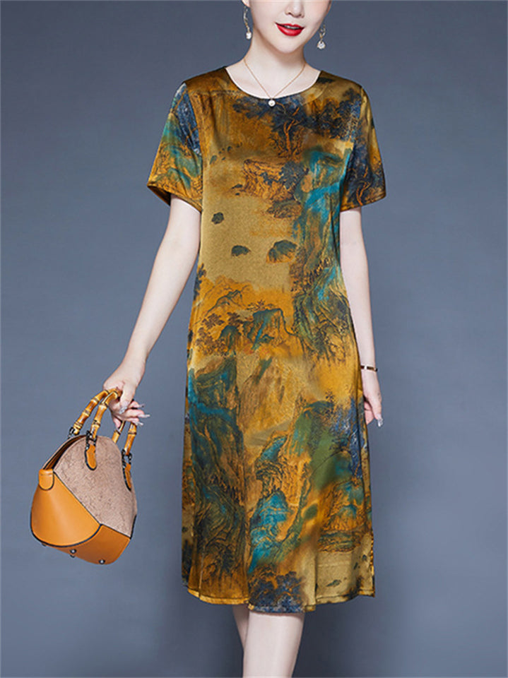 Summer Casual O-neck Landscape Print A-Line Dress for Women