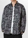 ‌Men's Chinese Style Mandarin Collar Jacket with Ancient Script Print