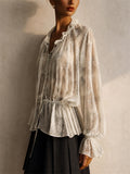 Women Elegant Floral Peplum Blouse Ruffle Lantern Sleeve Top