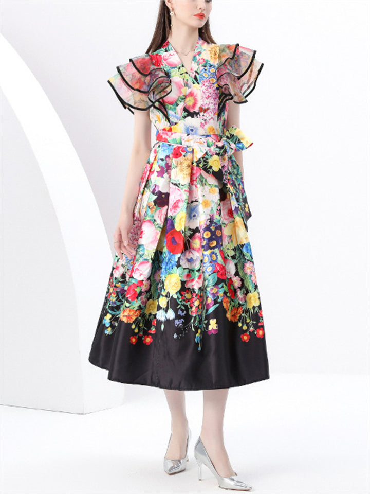 Women's Trendy Flowers Print V Neck Midi Dress
