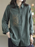 Retro Loose Embroidery Pleated Lapel Shirt for Women