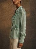 Women Metallic 3D Floral Button Down Long Sleeve Party Top