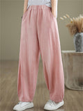 Women's Solid Color Cotton Linen Elastic Waist Wide Leg Pants