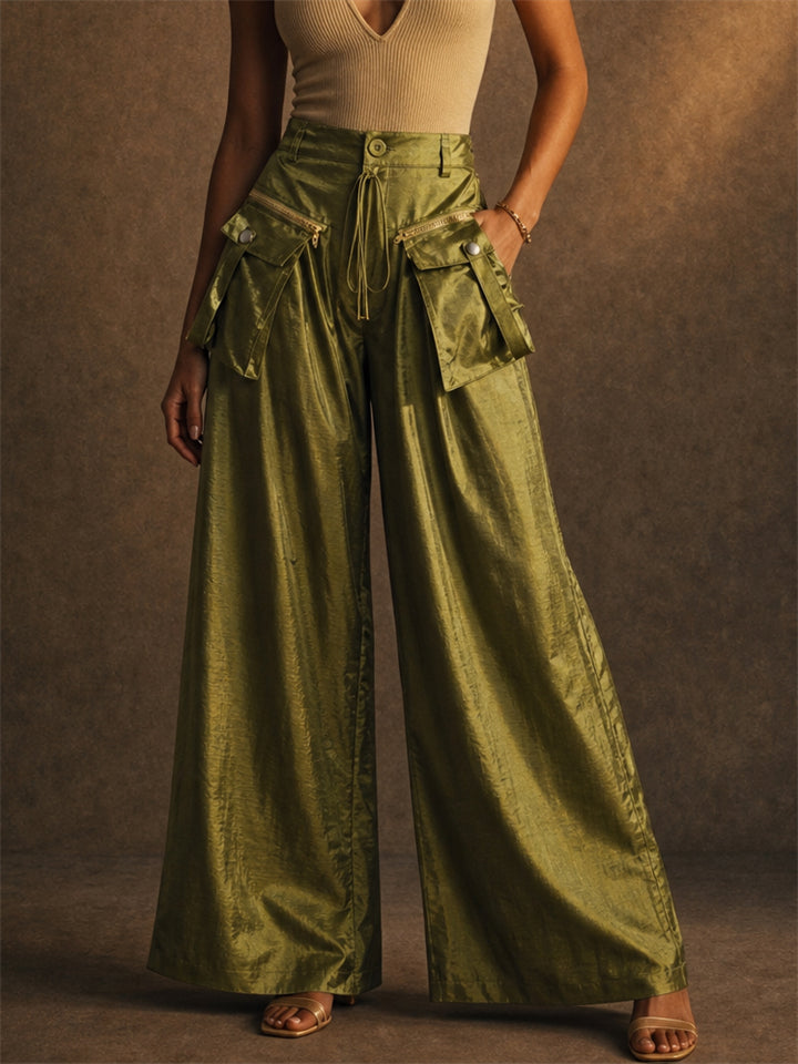 Women Metallic High Waist Cargo Wide Leg Pants with Pockets