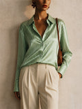 Womens Striped Glossy Button Down Long Sleeve Blouse