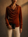Women Elegant Velvet Cowl Neck Long Lantern Sleeve Blouse