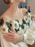 Women's Mesh Patchwork Flowers Embroidered Shirts
