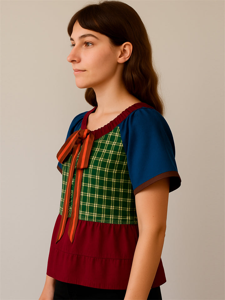 Contrast Color Plaid Patchwork Tie Neck Short Sleeve Shirts