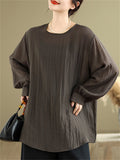 Women's Retro Coffee Solid Color Loose Round Neck Shirts