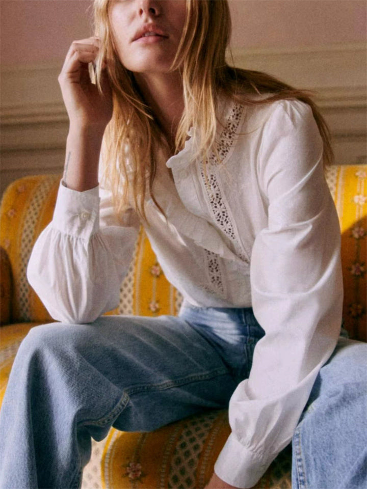 Women's Elegant Autumn Cotton Striped Hollow Stand Collar Long Sleeve Shirts