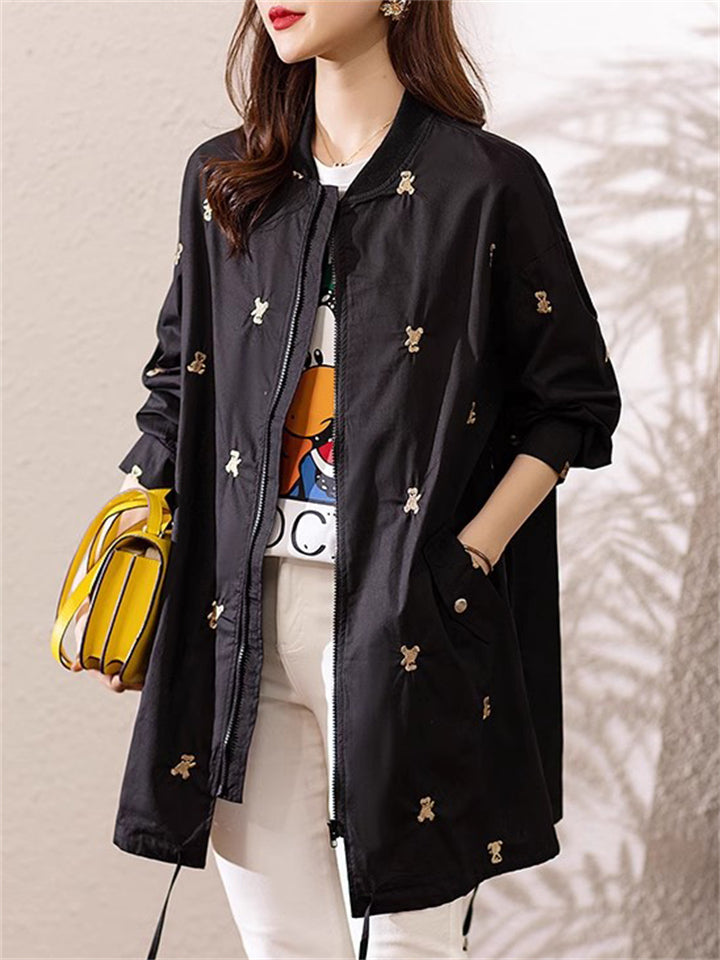 Women's Bear Embroidered Baseball Collar Long Sleeve Jacket