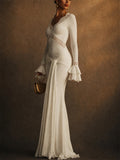 Womens White Lace Bell Sleeve V Neck Draped Maxi Party Dress