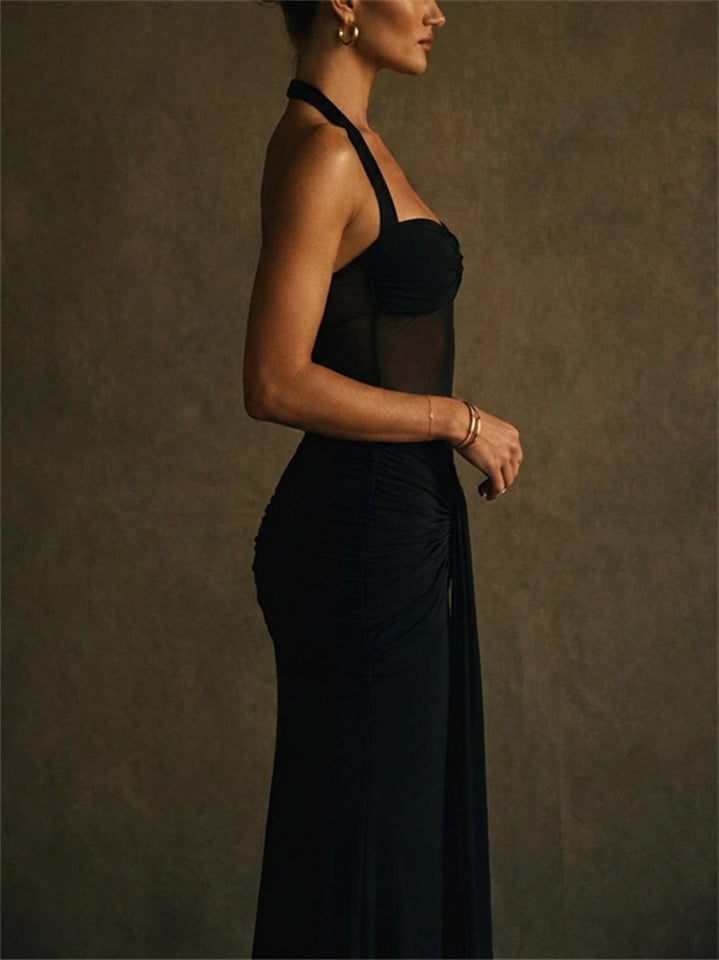 Women Halter Neck Sheer Mesh Ruched Draped Maxi Dress