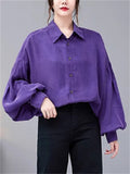 Women's Autumn Purple Elegant Loose Lapel Lantern Sleeve Shirts