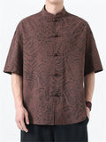 Men's Chinese Style Jacquard Loose Stand Collar Summer Short Sleeve Shirts