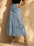 Women High Waist Floral Lace Hollow Out Denim Maxi Skirt