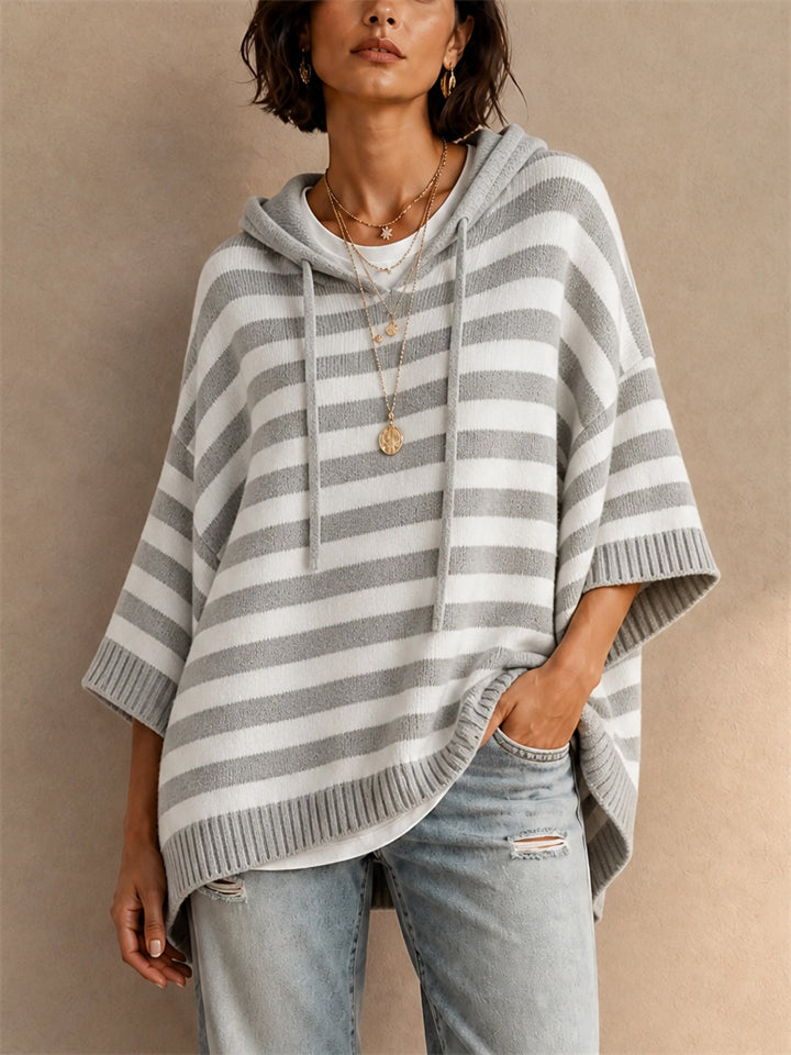 Womens Striped Knit Loose Fit Hooded Sweater