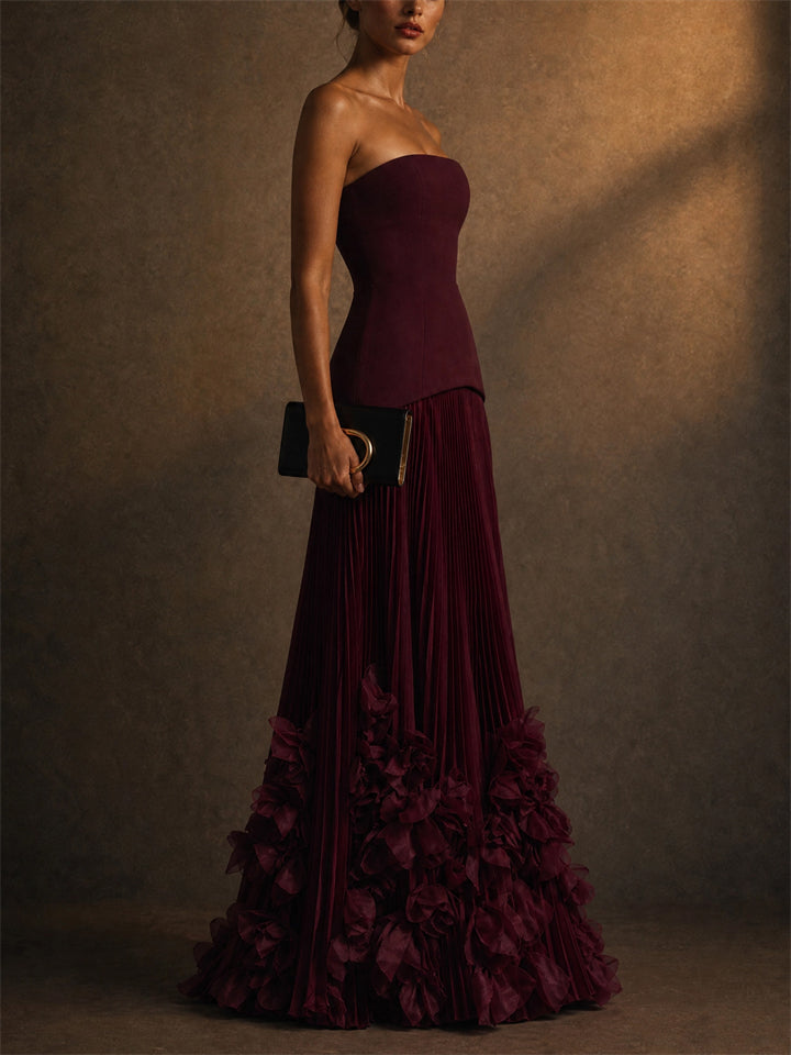 Women 3D Floral Strapless Corset Pleated Maxi Dress