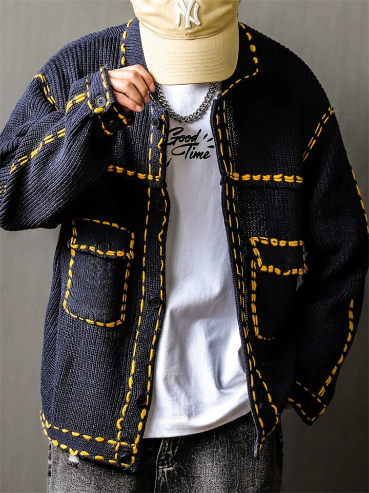 Men's Contrast Trim Button Up Lapel Long Sleeve Cardigan Sweater