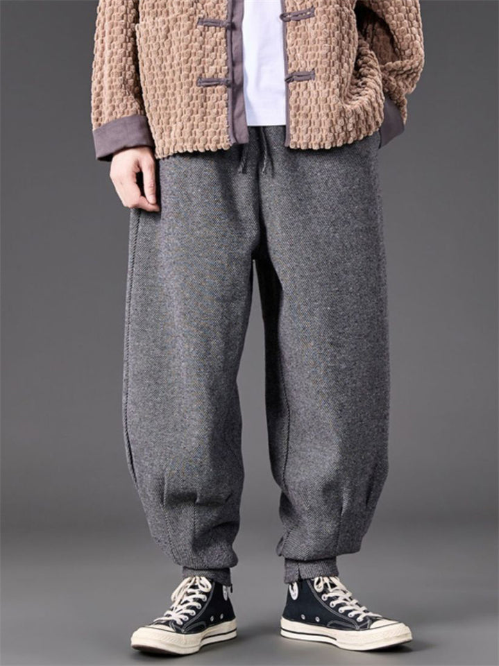 Men's Autumn Solid Color Drawstring Harem Pleated Hem Jogger Pants