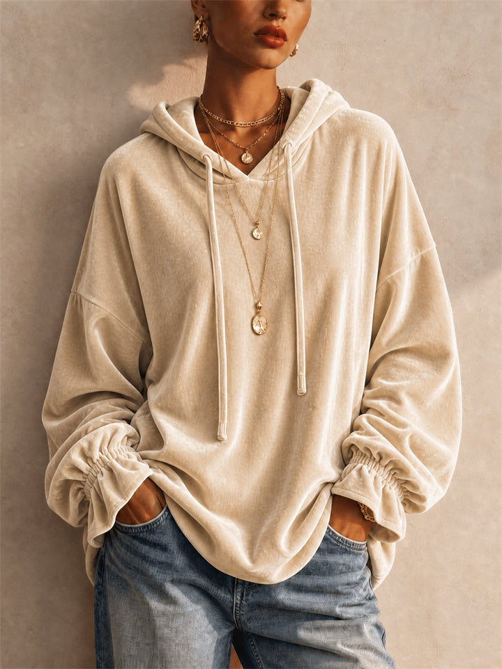 Womens Velvet Ruffle Cuff Oversized Hoodie Sweatshirt