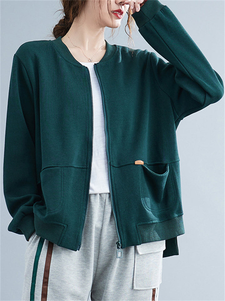 Retro Long Sleeve Zip Pockets Solid Color Jacket for Women