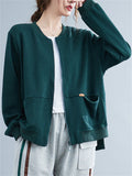 Retro Long Sleeve Zip Pockets Solid Color Jacket for Women