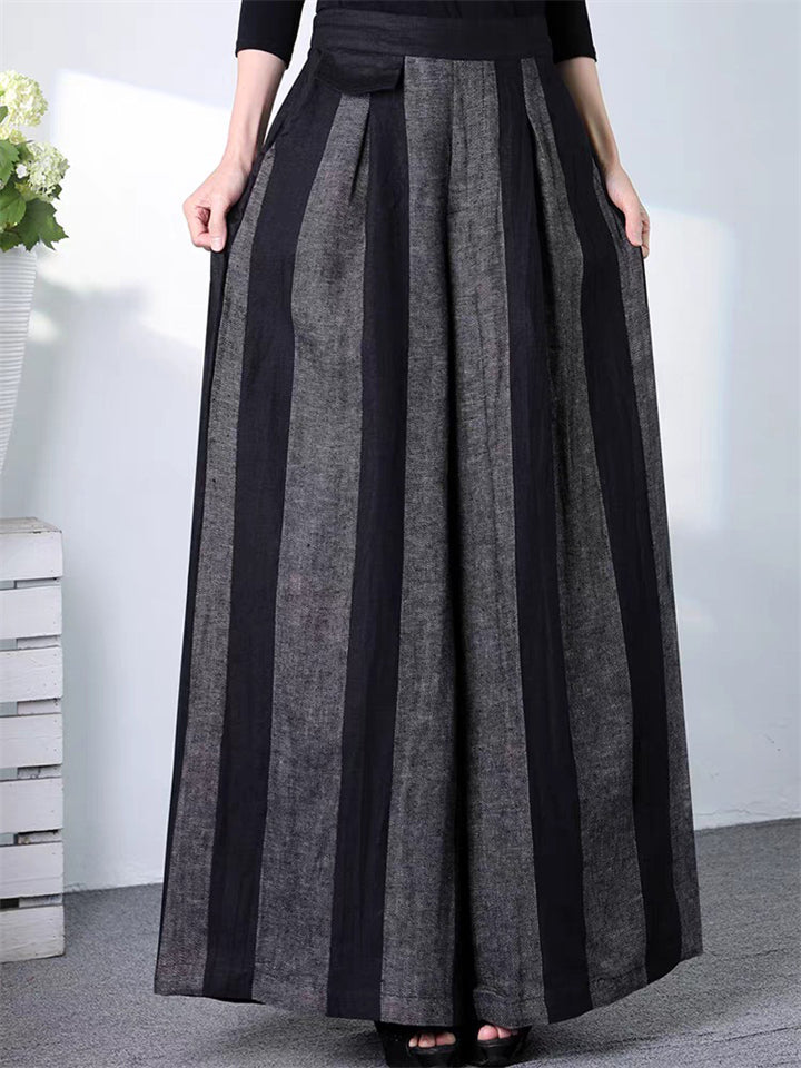 Women's Mid-Rise Stripe Elastic Waist Contrasting Wide Leg Pants