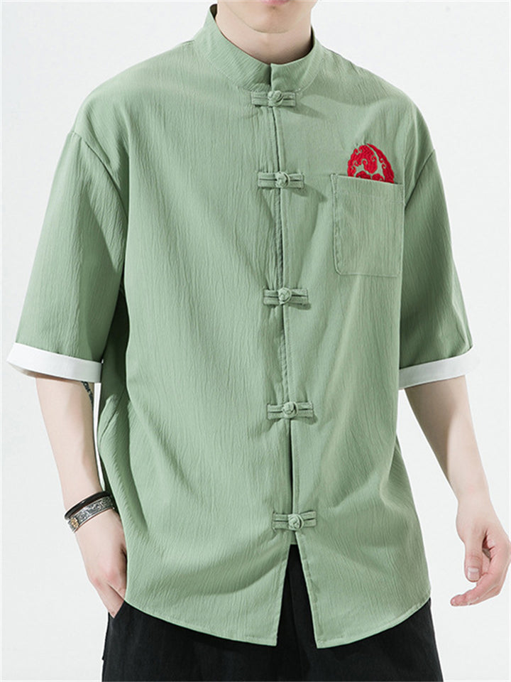 Chinese Style Embroidery Frog Button Half Sleeve Shirts