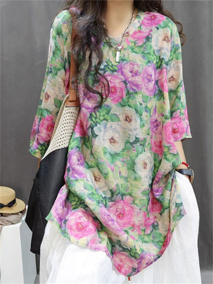 Women's Casual Summer Flowers Printed V Neck Half Sleeve Shirt