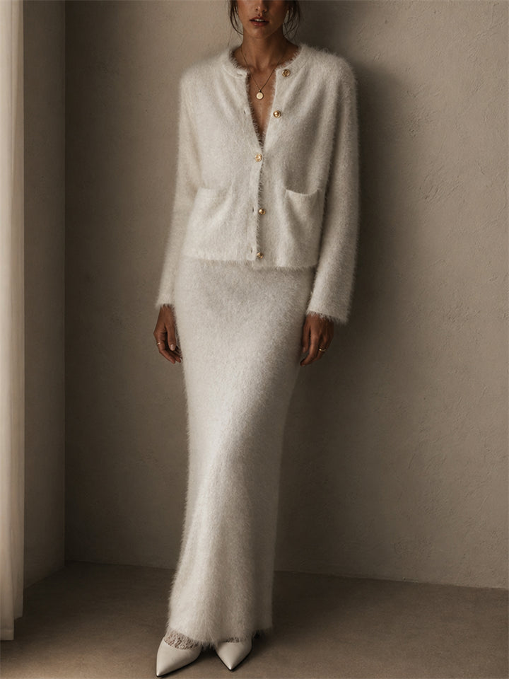 Women's Fuzzy Knit 2 Piece Gold Buttons Cardigan and Maxi Skirt Set