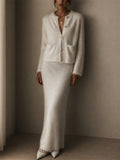 Women's Fuzzy Knit 2 Piece Gold Buttons Cardigan and Maxi Skirt Set