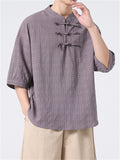 Men's Chinese Style Stand Collar Short Sleeve Linen Plaid Shirt