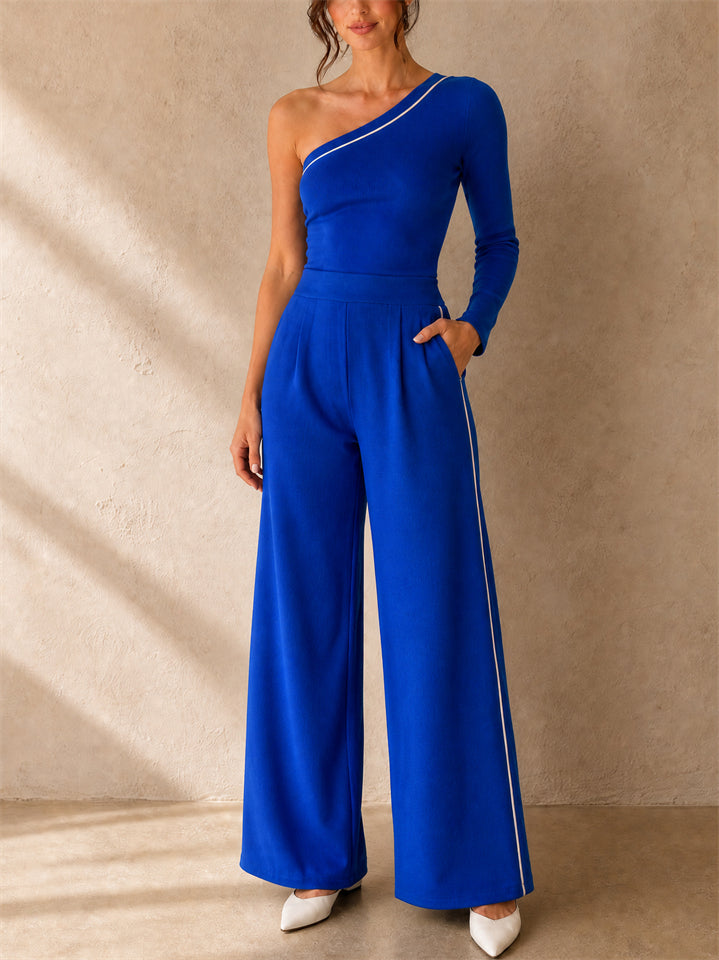Women 2 Piece One Shoulder Top and Side Stripe Wide Leg Pants Set